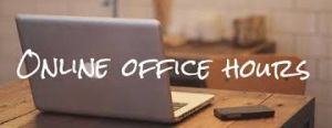 Desk with computer and phone on it; text says "Online office hours"